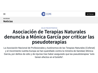 Asociación de Terapias Naturales denuncia a Mónica García por criticar las pseudoterapias