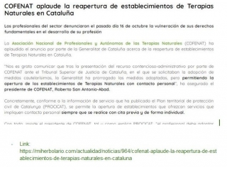 COFENAT aplaude la reapertura de establecimientos de Terapias Naturales en Cataluña