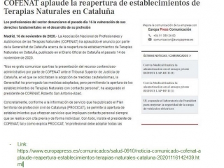 COFENAT aplaude la reapertura de establecimientos de Terapias Naturales en Cataluña