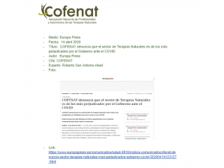 COFENAT denuncia que el sector de Terapias Naturales es de los más perjudicados por el Gobierno ante el COVID