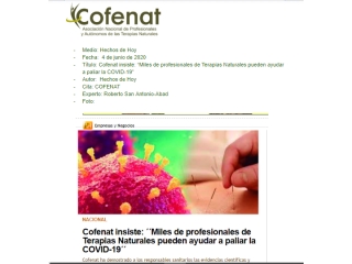 Cofenat insiste: “Miles de profesionales de Terapias Naturales pueden ayudar a paliar la COVID-19”