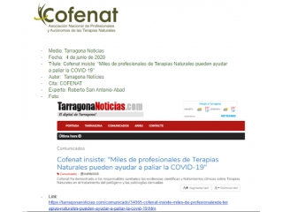 Cofenat insiste: “Miles de profesionales de Terapias Naturales pueden ayudar a paliar la COVID-19”