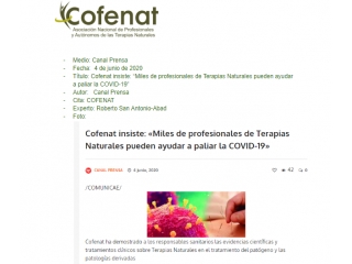 Cofenat insiste: “Miles de profesionales de Terapias Naturales pueden ayudar a paliar la COVID-19”