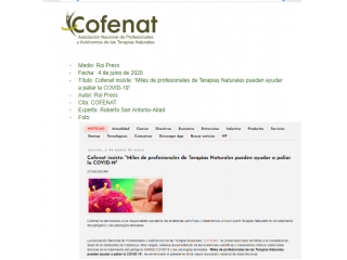 Cofenat insiste: “Miles de profesionales de Terapias Naturales pueden ayudar a paliar la COVID-19”