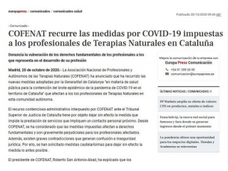COFENAT recurre las medidas por COVID-19 impuestas a los profesionales de Terapias Naturales en Cataluña