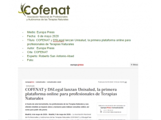 COFENAT y DSLegal lanzan Unisalud, la primera plataforma online para profesionales de Terapias Naturales
