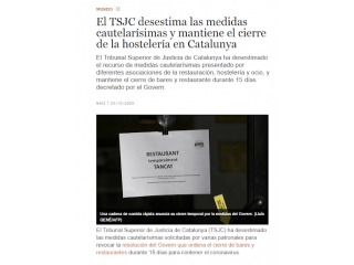 El TSJC desestima las medidas cautelarísimas y mantiene el cierre de la hostelería en Catalunya