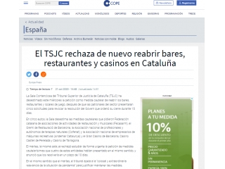 El TSJC rechaza de nuevo reabrir bares, restaurantes y casinos en Cataluña