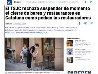 El TSJC rechaza suspender de momento el cierre de bares y restaurantes en Cataluña como pedían los restauradores
