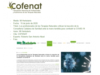  Los profesionales de las Terapias Naturales critican la inacción de la Conselleria Catalana de Sanidad ante la mano tendida para combatir la COVID-19