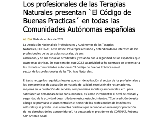 Los profesionales de las Terapias Naturales presentan `El Código de Buenas Practicas´ en todas las Comunidades Autónomas españolas